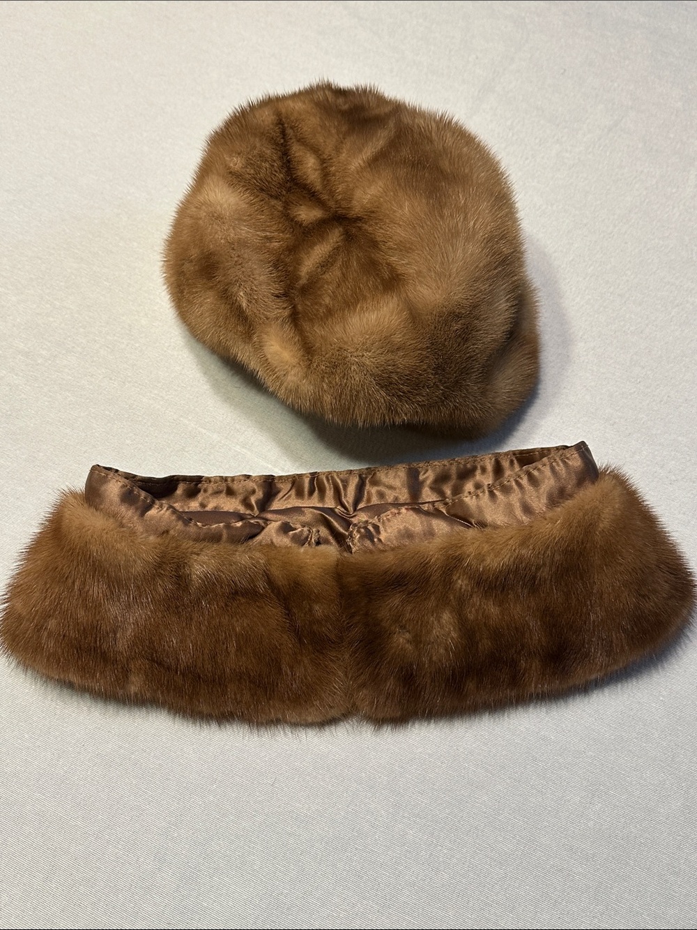 Vintage Mink Fur Cap and Collar Set, Satin Lining